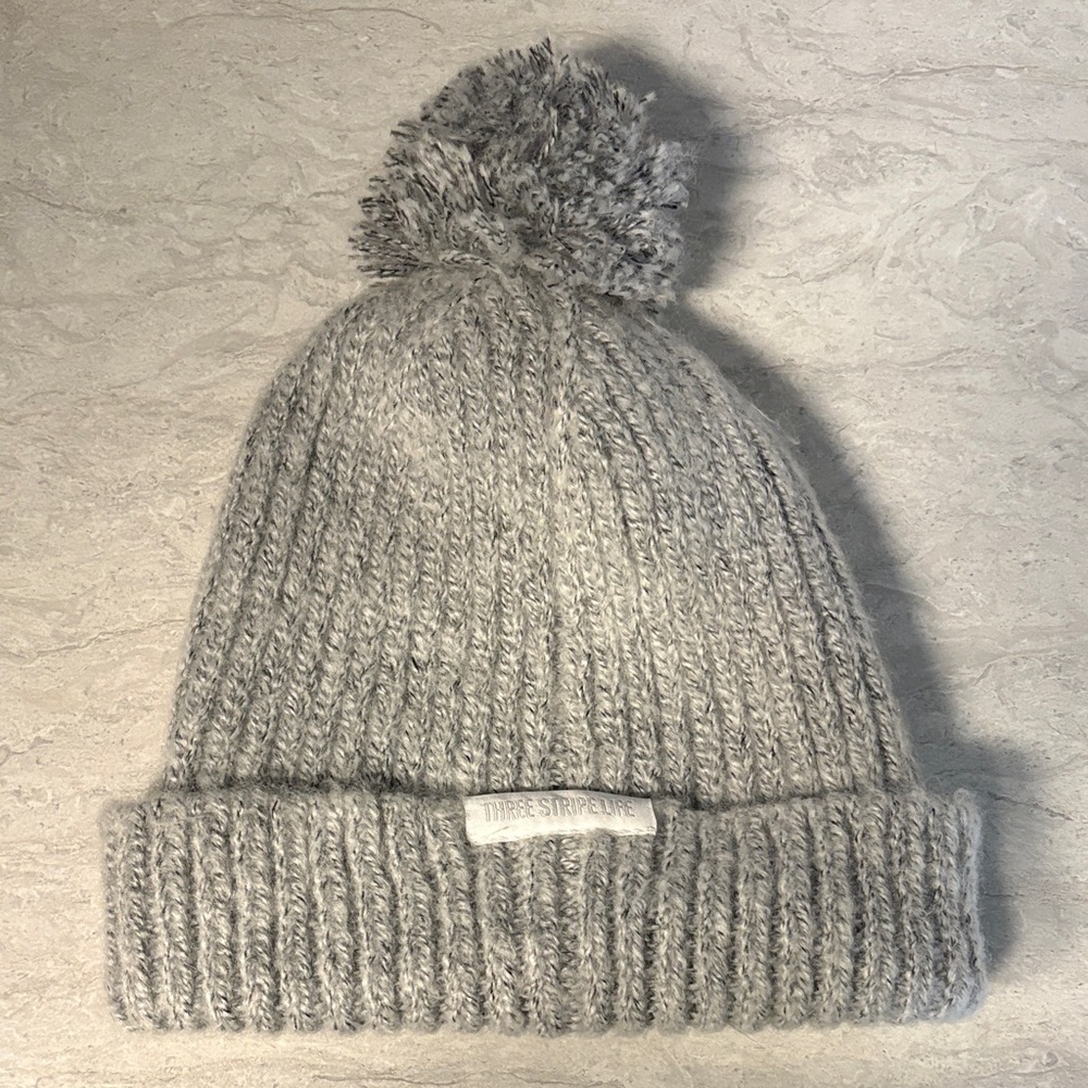 Gray Knit Beanie with Pom-Pom